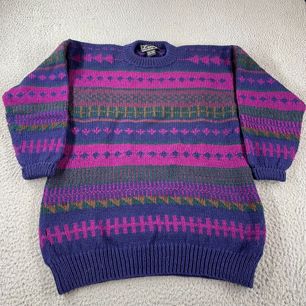 Vintage 80s Lumy Wool Sweater Hand Knitted Size L Large Multicolor Womens Retro